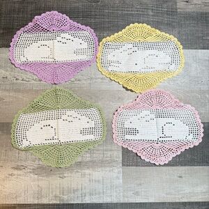 4 Handmade Vintage Crochet Bunny Rabbit Bunny Easter Doily Doilies Pastel